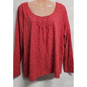 J. Jill Womens 4X Red Geometric Medallion Pintuck Scoop Neck Cotton Top 718841